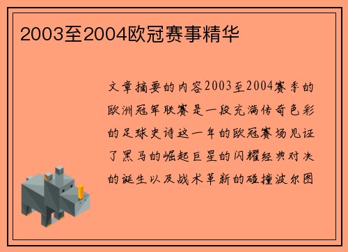 2003至2004欧冠赛事精华