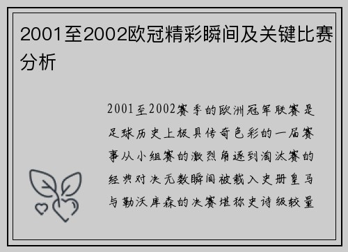 2001至2002欧冠精彩瞬间及关键比赛分析