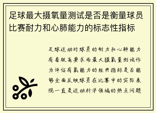 足球最大摄氧量测试是否是衡量球员比赛耐力和心肺能力的标志性指标
